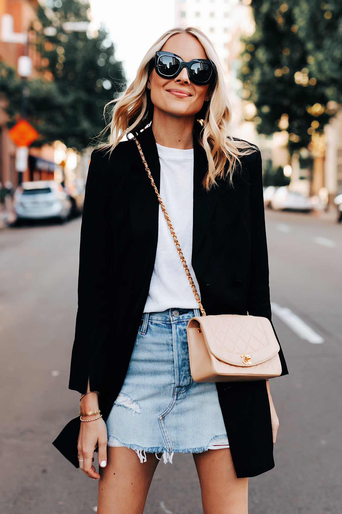 denim skirt with blazer