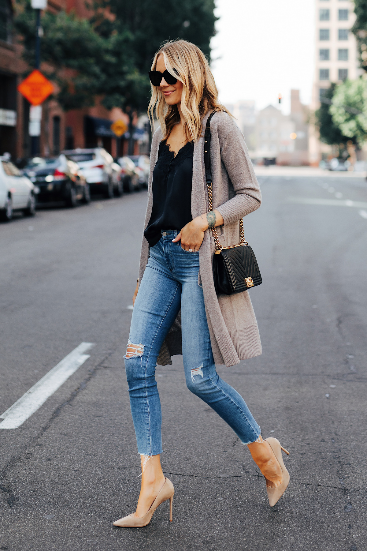 dress and cardigan