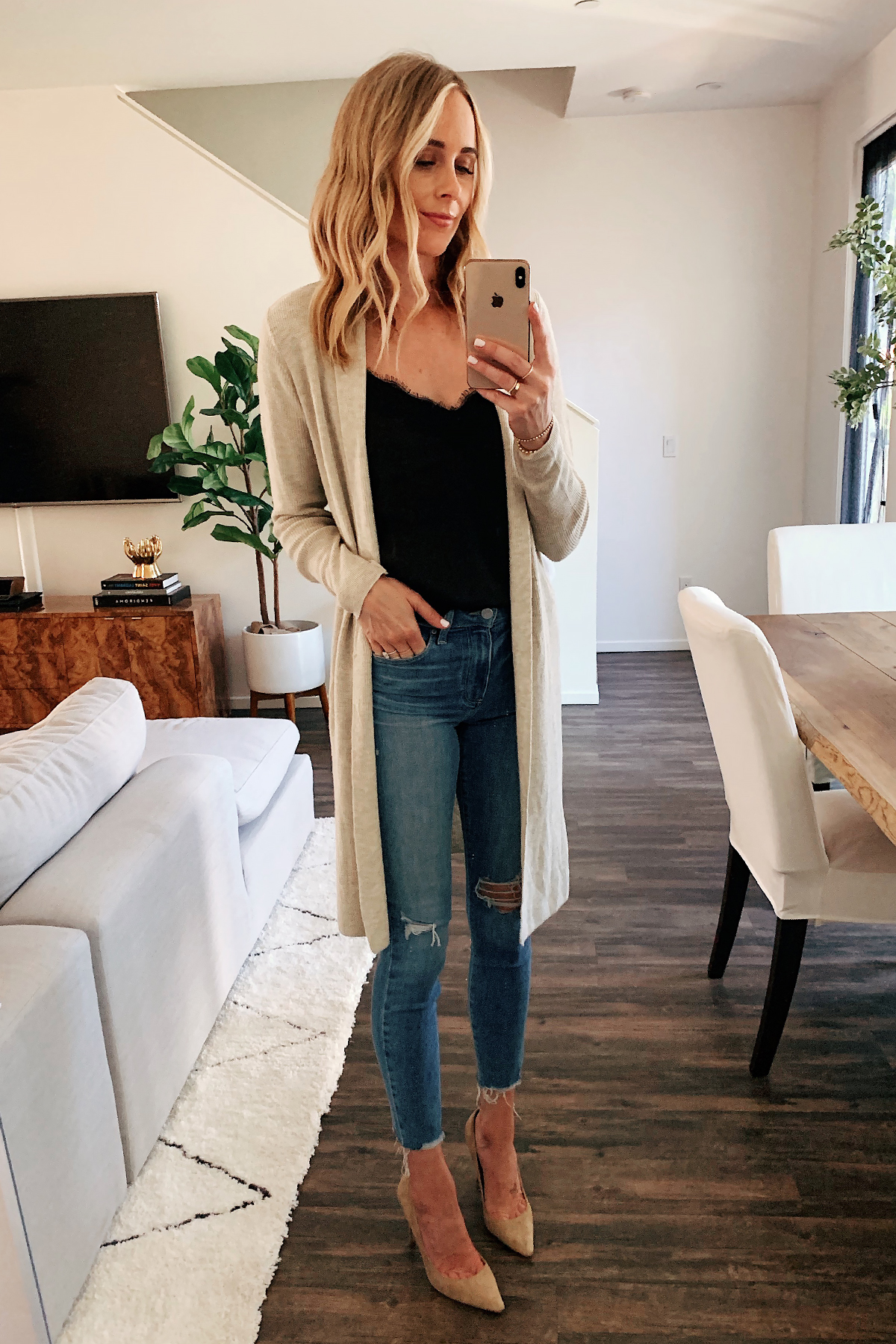 Fashion Jackson Wearing Nordstrom Sale Beige Long Cardigan Black Lace Cami Ripped Skinny Jeans Nude Pumps