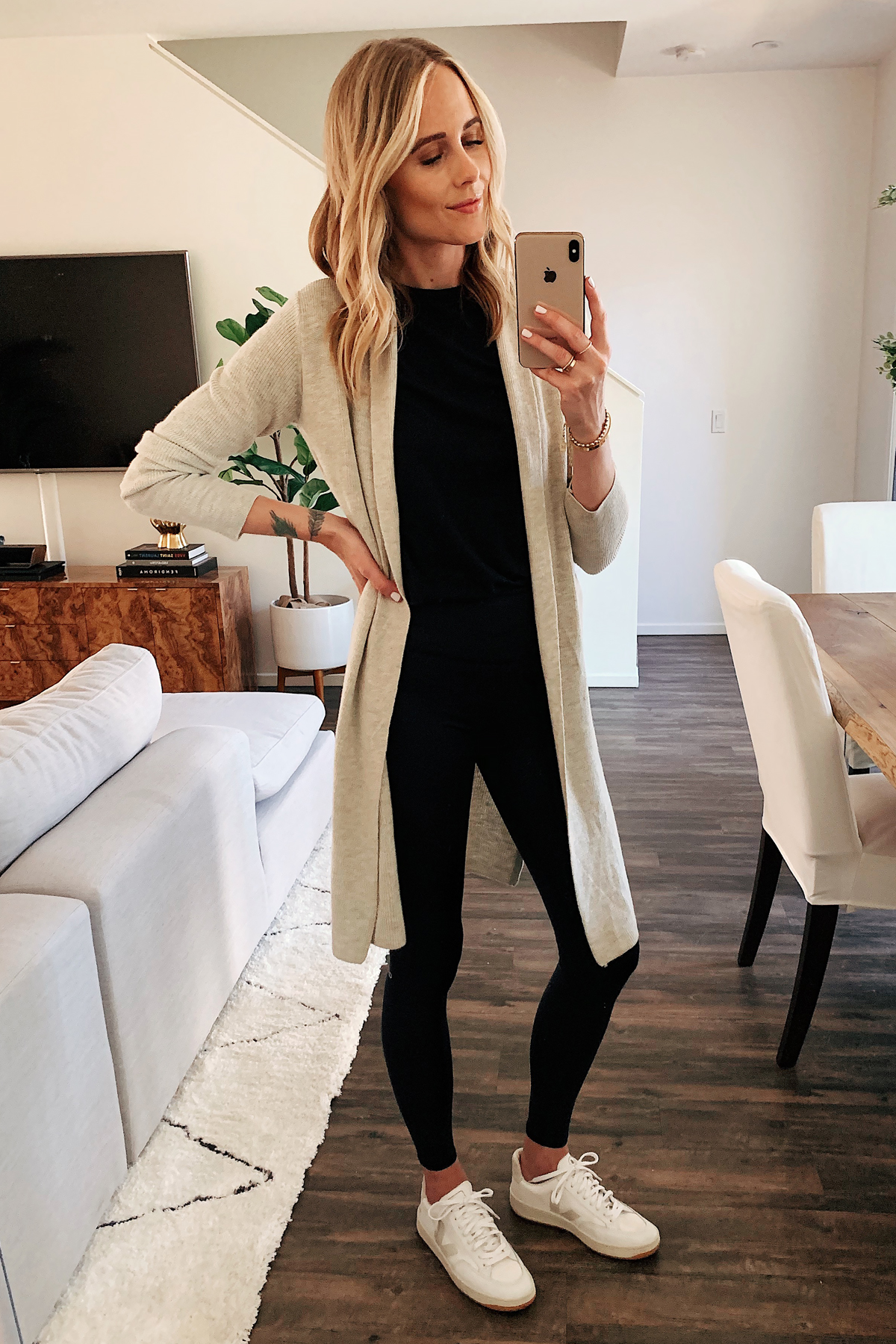 white tee, black leggings, cream cardigan, tan crossbody bag, taupe  sneakers side view - Putting Me Together