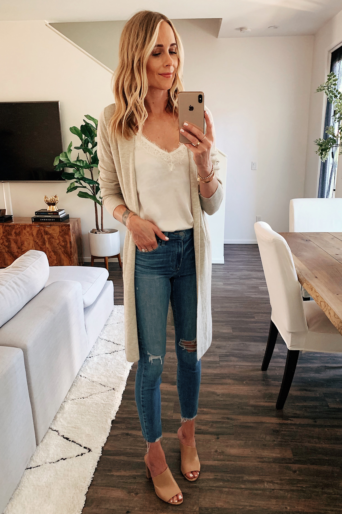 Fashion Jackson Wearing Nordstrom Sale Beige Long Cardigan White Lace Cami Ripped Skinny Jeans Nude Mules