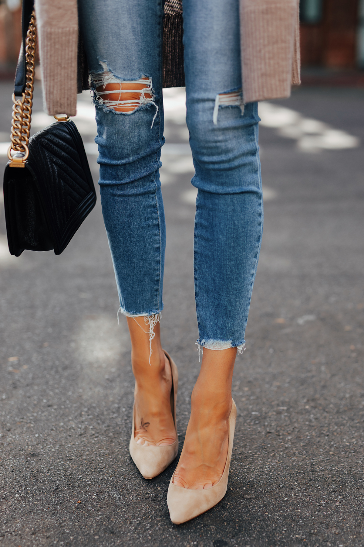 Fashion Jackson Wearing Paige Hoxton Ripped Skinny Jeans Nude Pumps