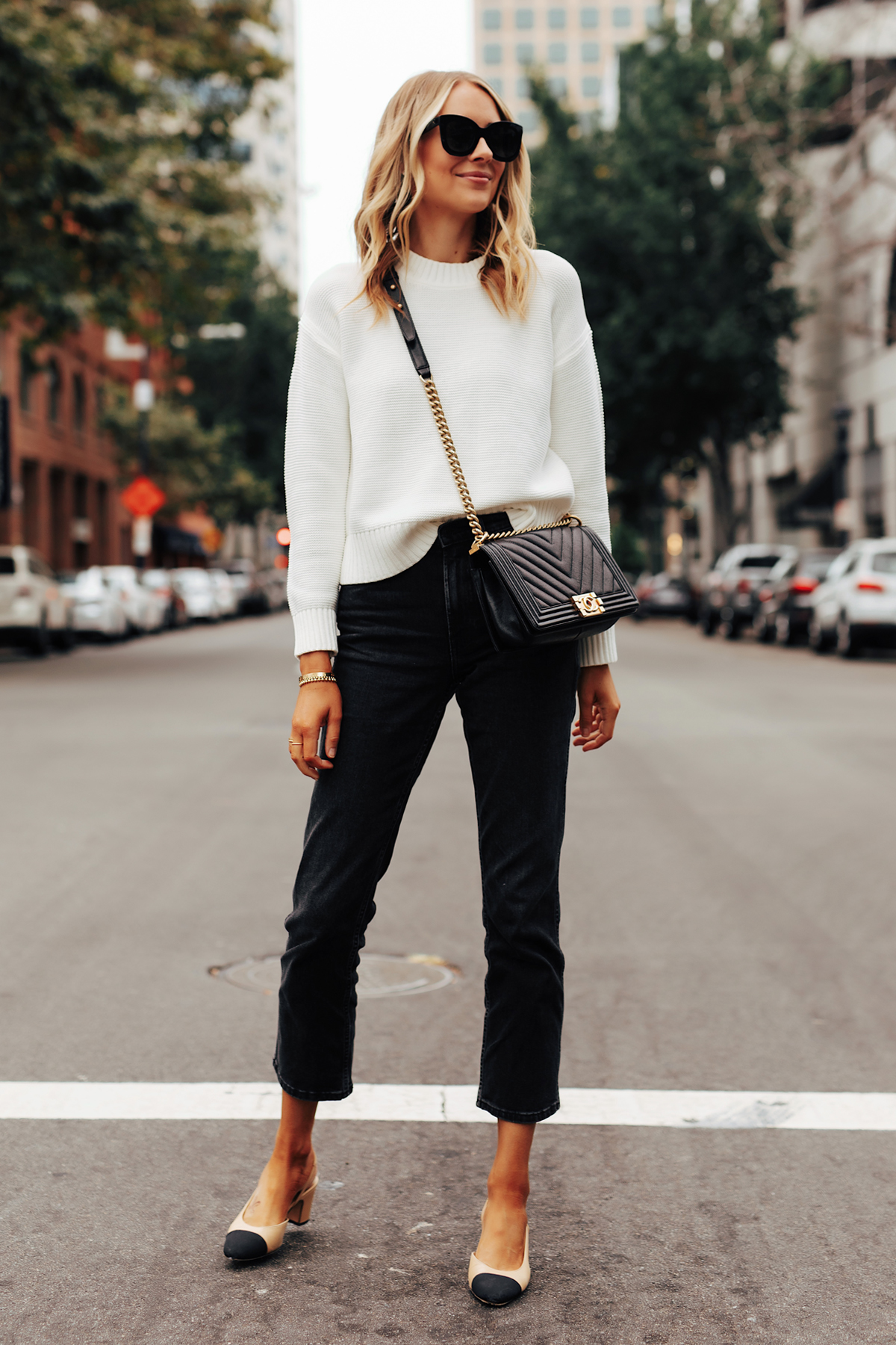 Black and white crew neck sales sweater