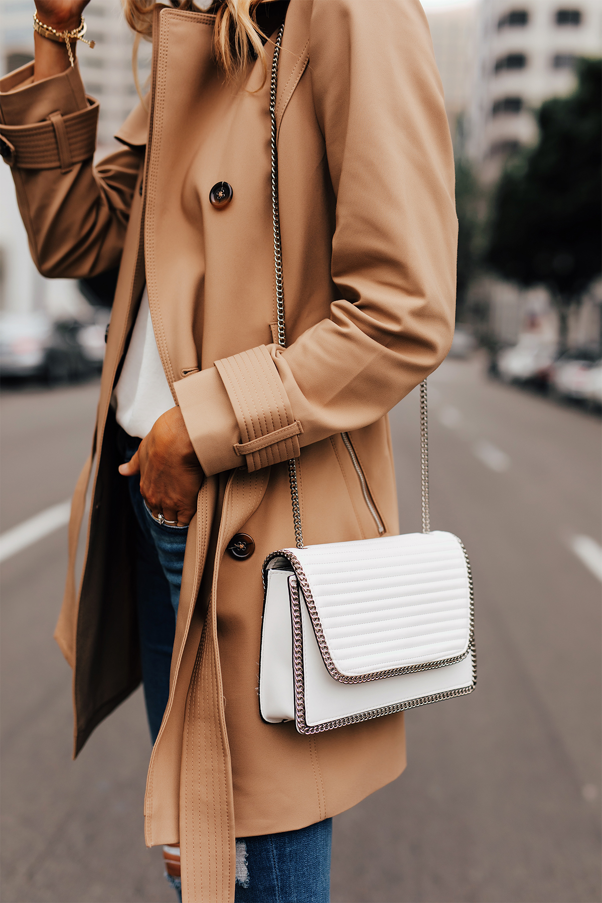 Fashion Jackson Wearing Express Tan Trench Coat Jeans White Handbag