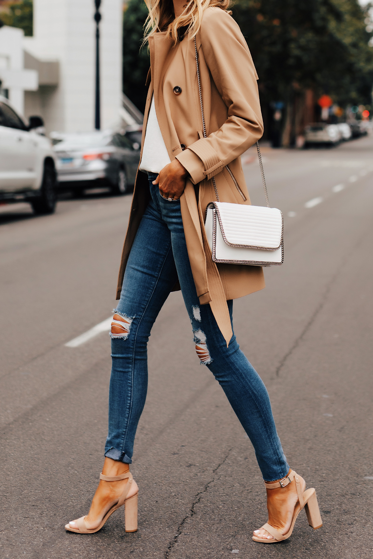 Fashion Jackson Wearing Express Tan Trench Coat White Tank Express Ripped Skinny Jeans White Handbag Tan Ankle Strap Heeled Sandals 2