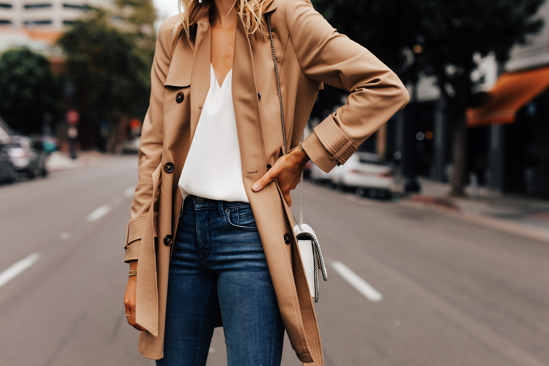 Fashion Jackson Wearing Express Tan Trench Coat White Tank Jeans White Handbag