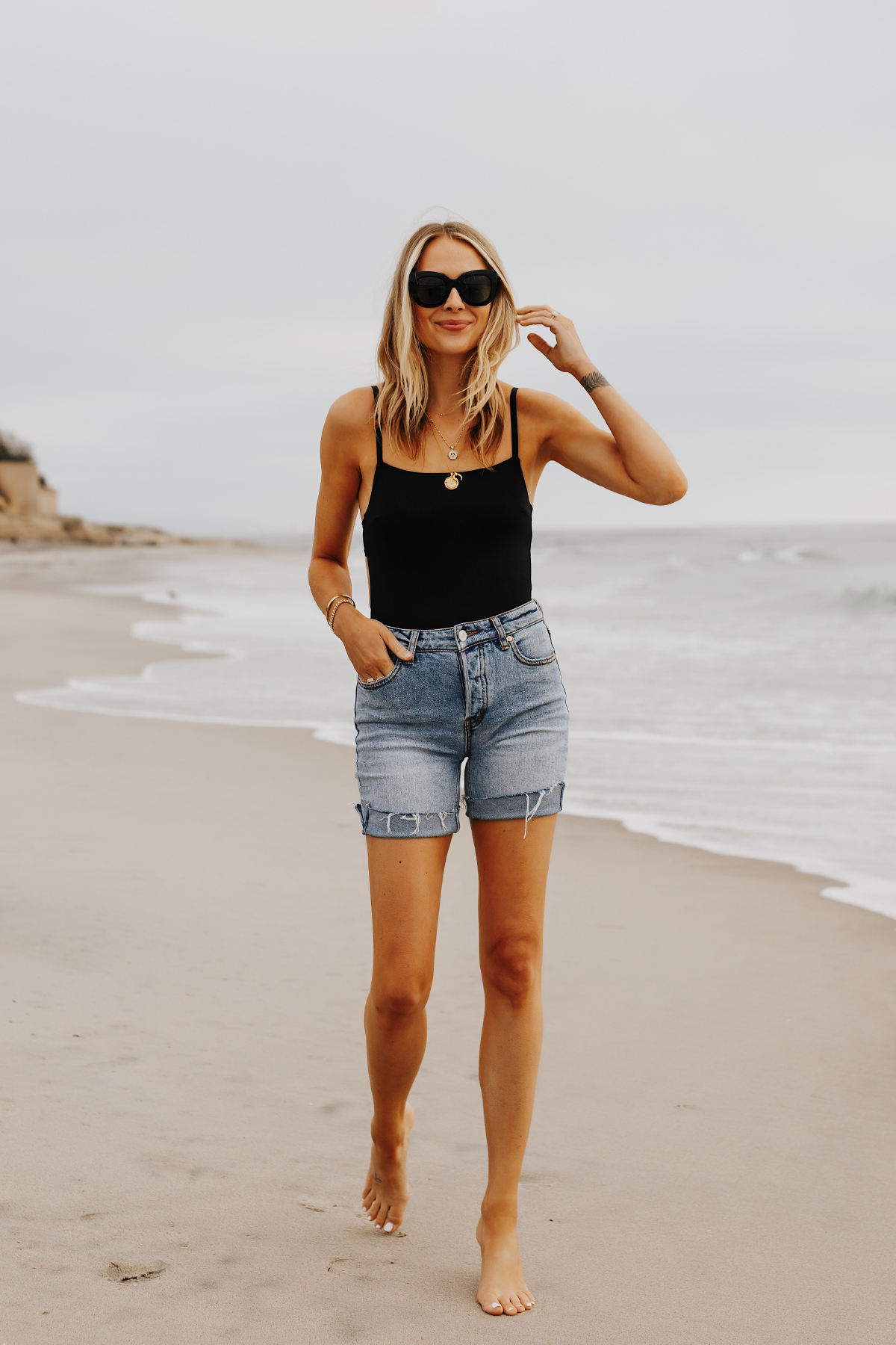 Fashion Jackson Wearing L Space Black One Piece Swimsuit Free People Long Denim Shorts San Diego Beach Weekend