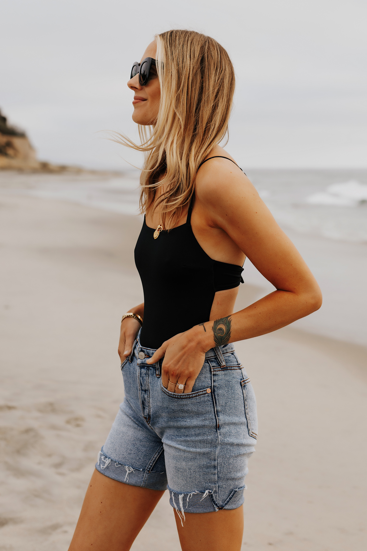 Fashion Jackson Wearing L Space Black One Piece Swimsuit Free People Long Denim Shorts San Diego Beach