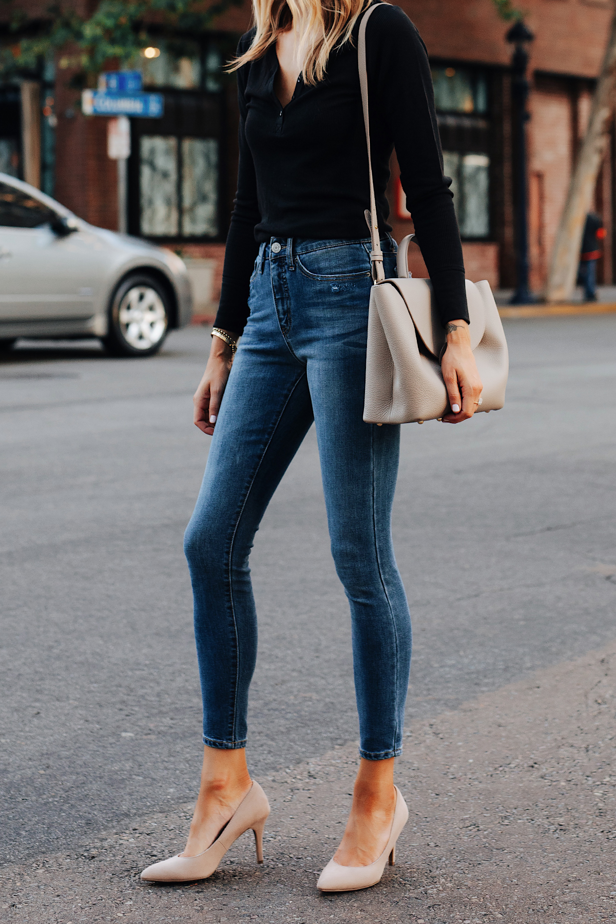 Fashion Jackson Wearing Long Sleeve Black Henley Skinny Jeans Nude Pumps 3