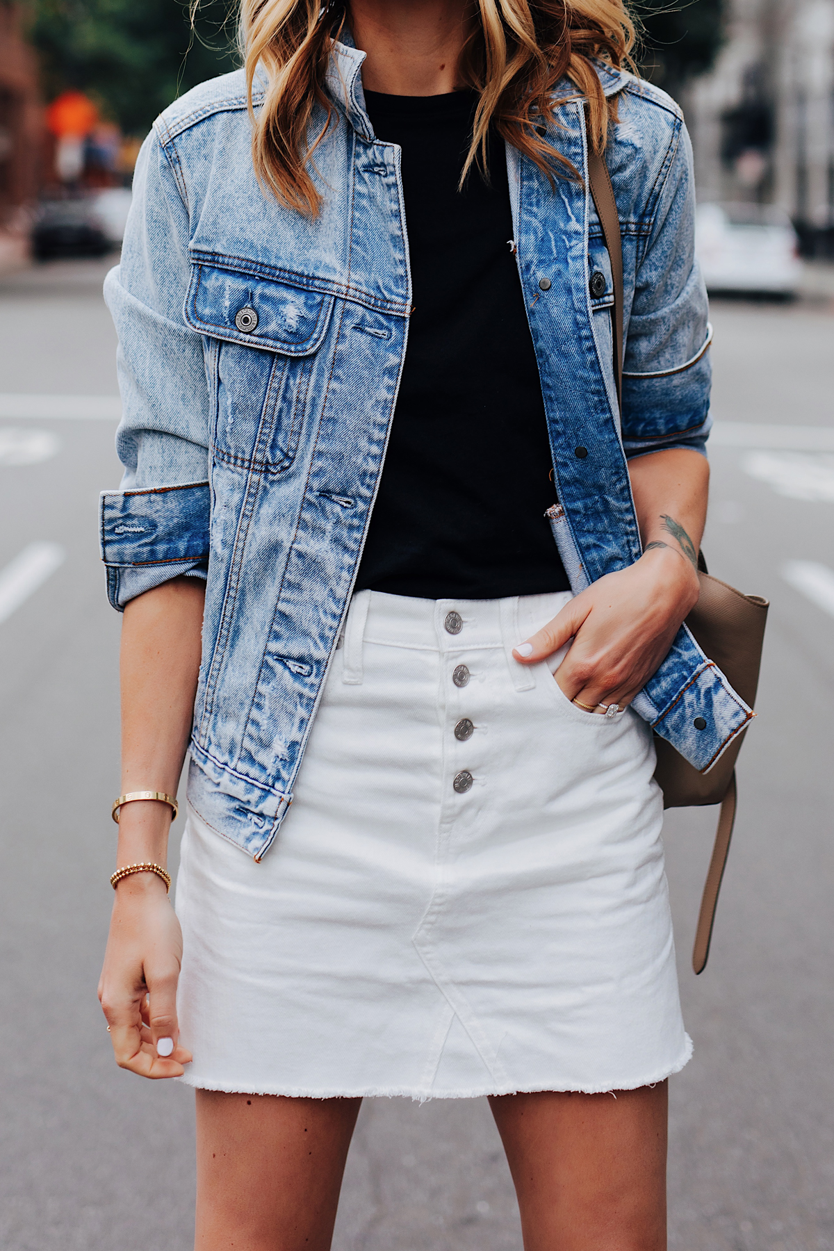 Fashion Jackson Wearing Oversized Denim Jacket Black T-Shirt White Denim Skirt