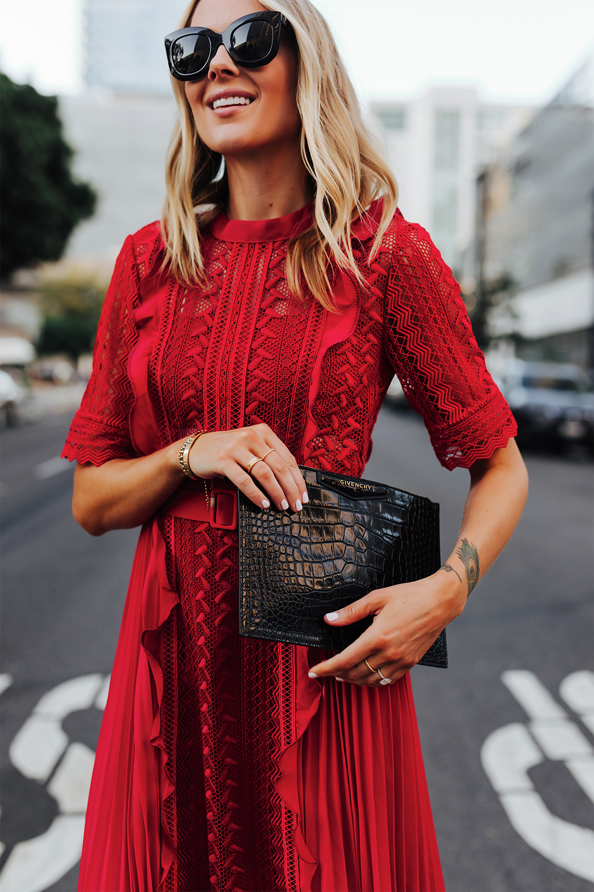 Fashion Jackson Wearing Self Portrait Red Short Sleeve Lace Midi Dress Givenchy Small Croc Black Clutch 1