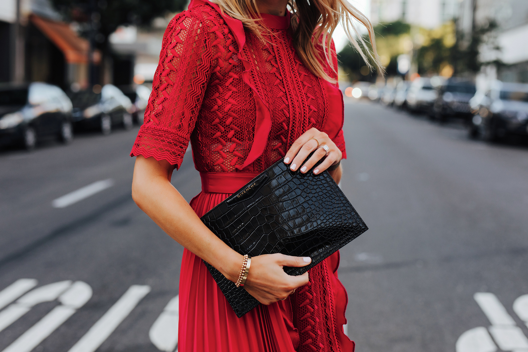 Fashion Jackson Wearing Self Portrait Red Short Sleeve Lace Midi Dress Givenchy Small Croc Black Clutch 2