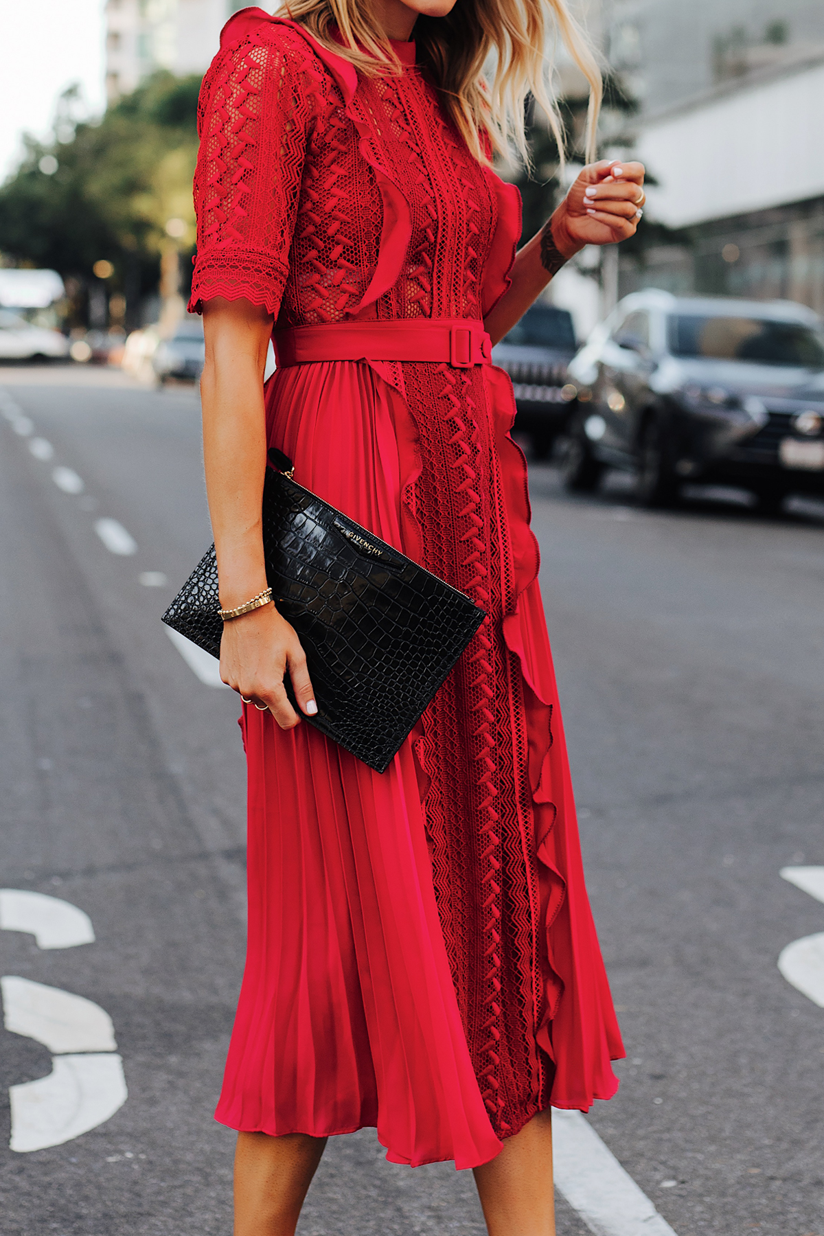 Fashion Jackson Wearing Self Portrait Red Short Sleeve Lace Midi Dress Givenchy Small Croc Black Clutch 3