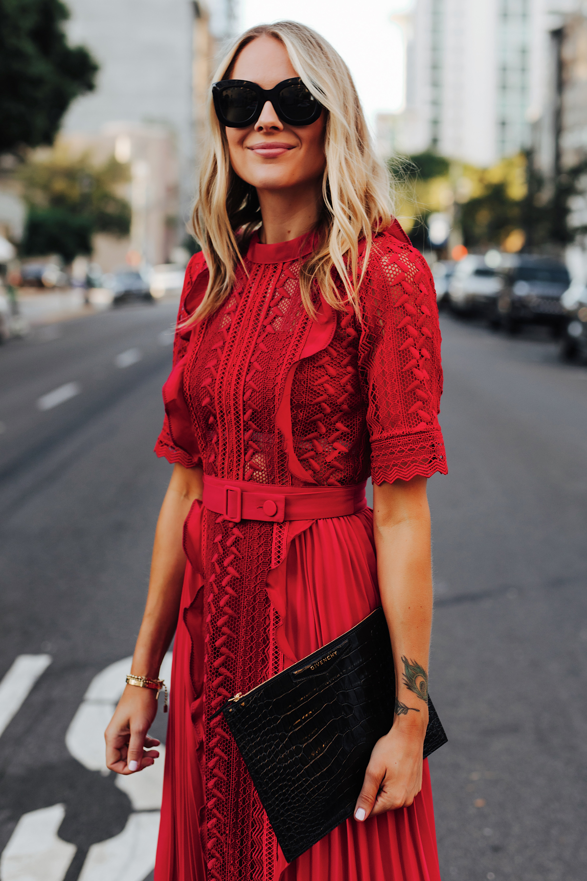 Fashion Jackson Wearing Self Portrait Red Short Sleeve Lace Midi Dress Givenchy Small Croc Black Clutch