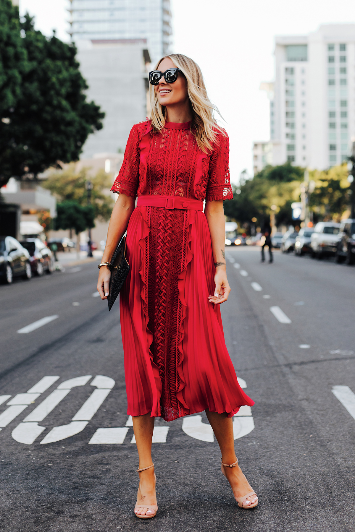 Fashion Jackson Wearing Self Portrait Red Short Sleeve Lace Midi Dress Nude Ankle Strap Heeled Sandals 1