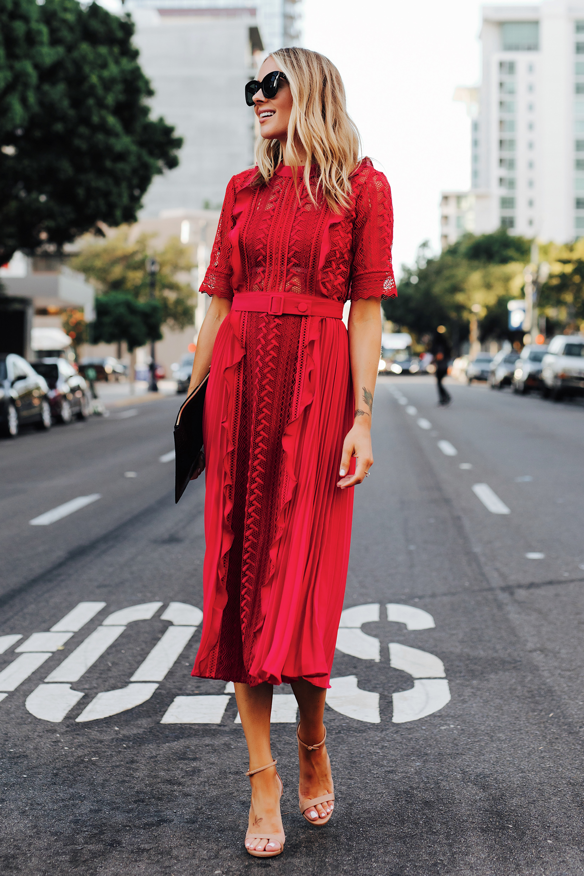 Fashion Jackson Wearing Self Portrait Red Short Sleeve Lace Midi Dress Nude Ankle Strap Heeled Sandals