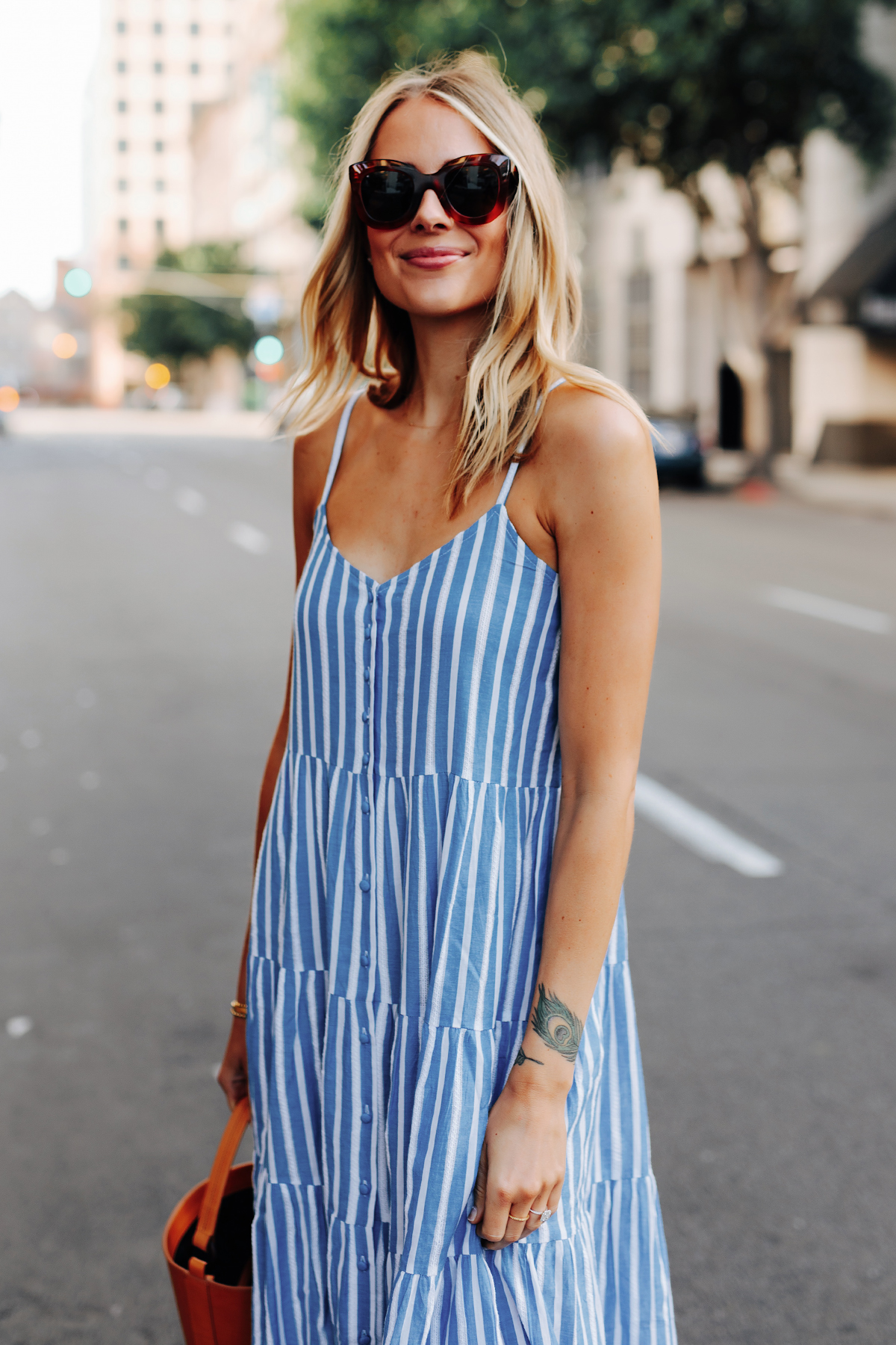 Fashion Jackson Wearing Sezane Blue White Stripe Maxi Dress