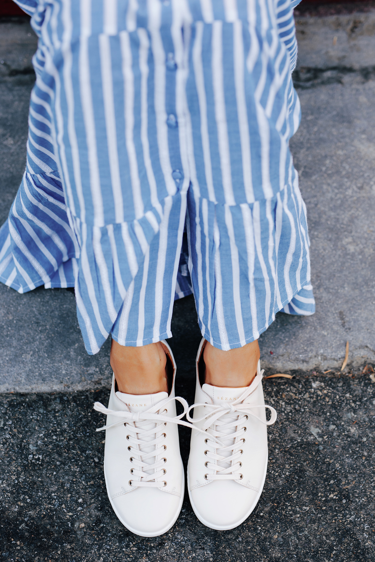 Fashion Jackson Wearing Sezane White Sneakers Blue White Stripe Maxi Dress