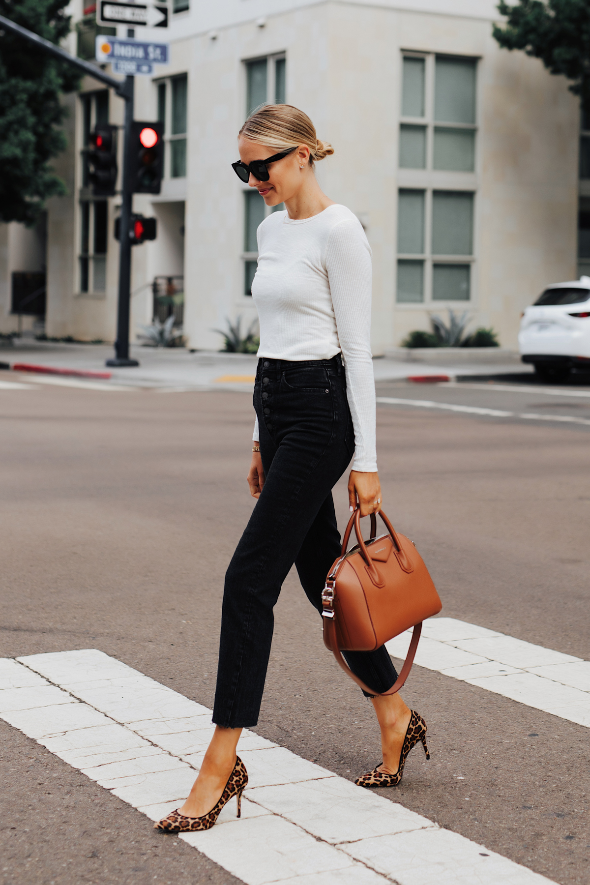 White top, red pants, black cardigan, pendant necklace, leopard heels, grey  tote - Putting Me Together