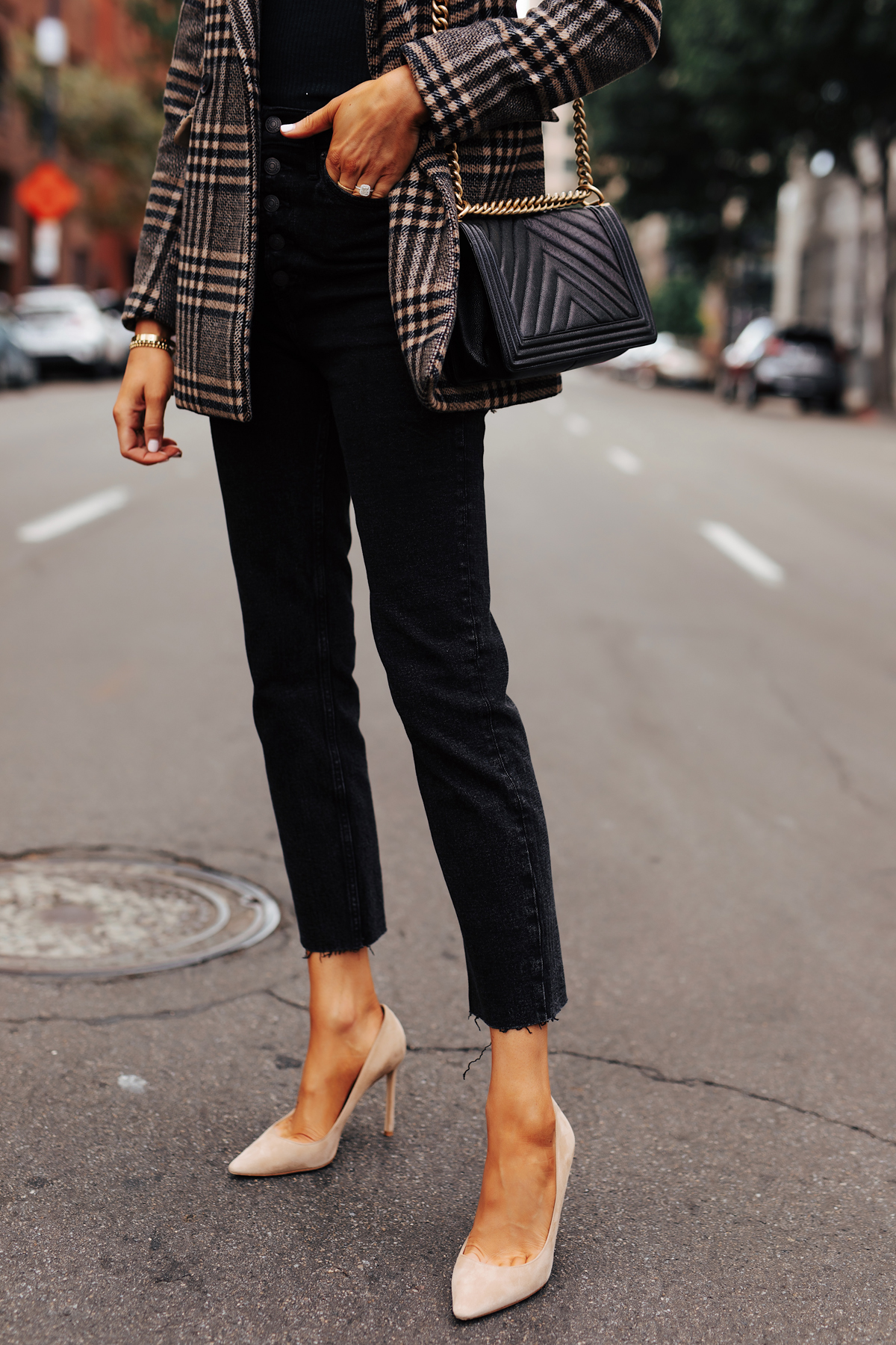 Fashion Jackson Wearing Abercrombie Wool Plaid Blazer Black Button Front Raw Hem Jeans Nude Pumps