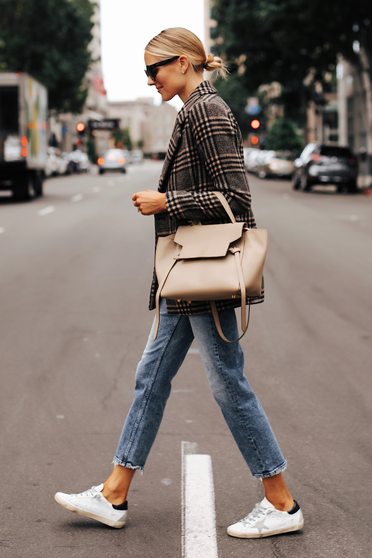 Fashion Jackson Wearing Abercrombie Wool Plaid Blazer Denim High Rise Jeans Golden Goose Sneakers Celine Mini Belt Bag