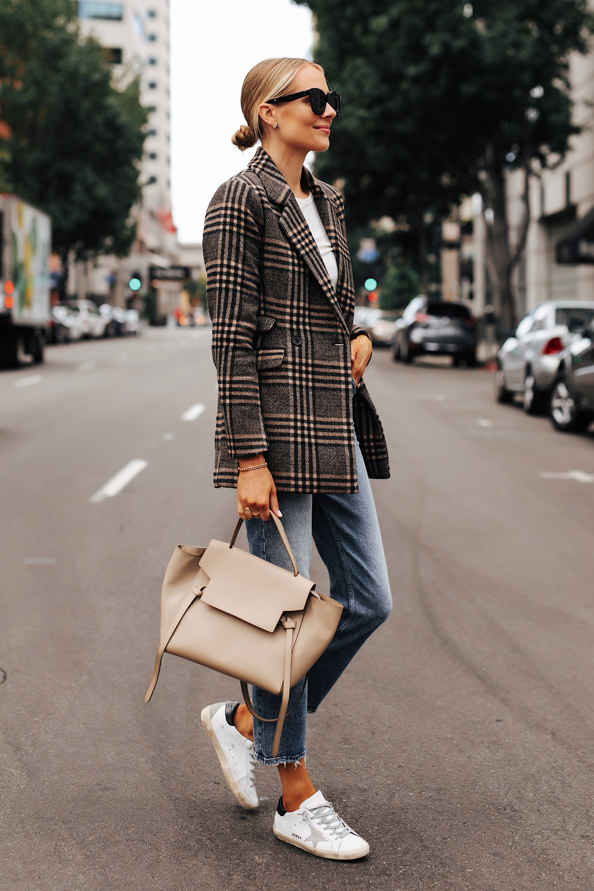 Fashion Jackson Wearing Abercrombie Wool Plaid Blazer White Tshirt Denim High Rise Jeans Golden Goose Sneakers Celine Mini Belt Bag 1