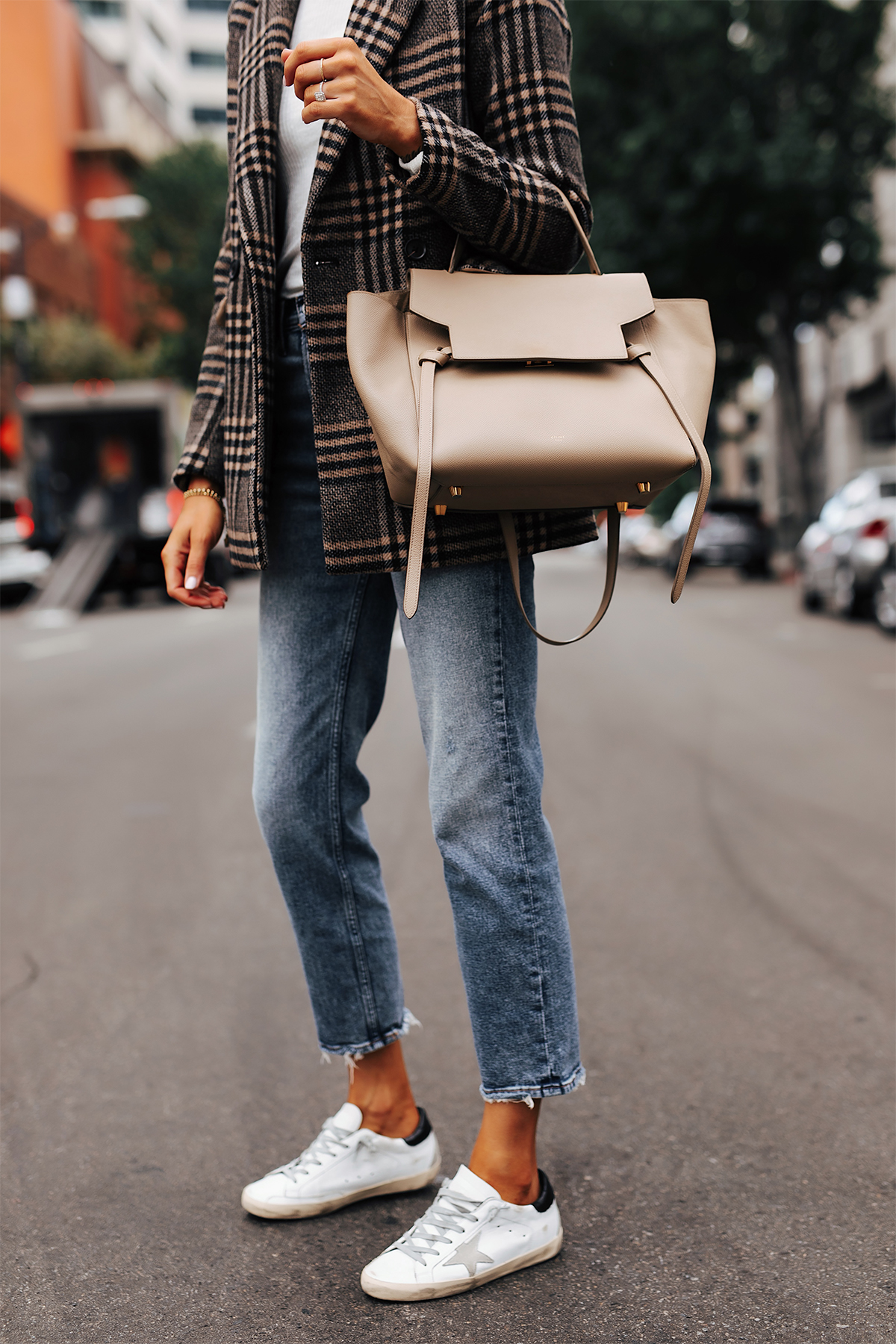 Fashion Jackson Wearing Abercrombie Wool Plaid Blazer White Tshirt Denim High Rise Jeans Golden Goose Sneakers Celine Mini Belt Bag