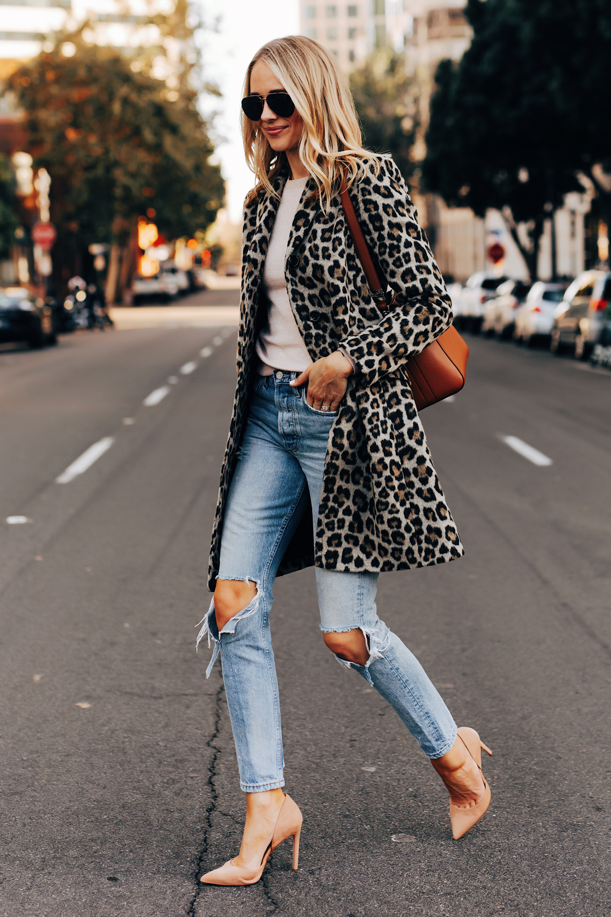 Fashion Jackson Wearing Ann Taylor Leopard Coat Boyish Ripped Jeans Nude Pumps Givenchy Antigona Cognac Satchel