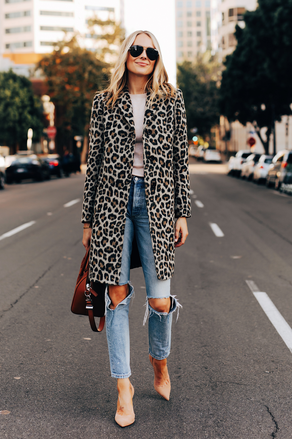 Fashion Jackson Wearing Ann Taylor Leopard Coat Boyish Ripped Jeans Nude Pumps