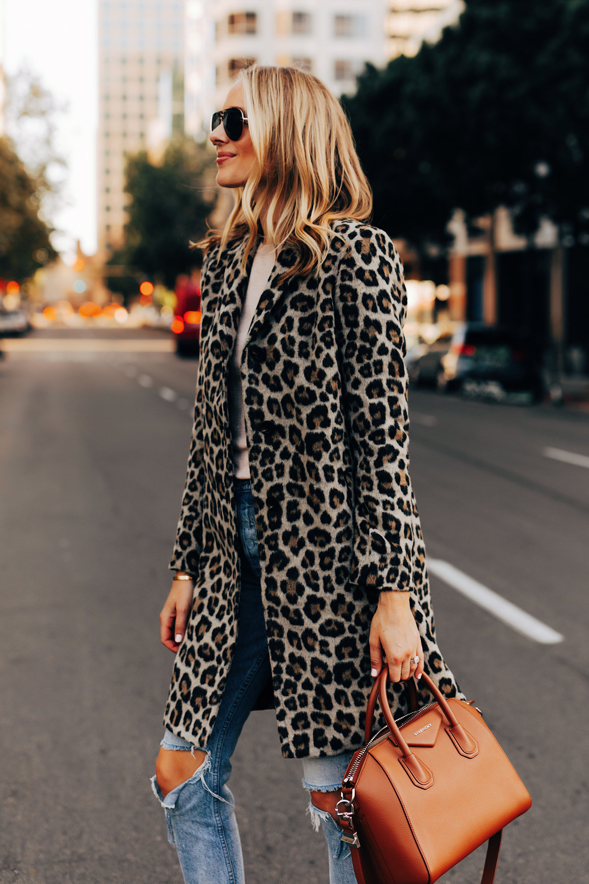 Fashion Jackson Wearing Ann Taylor Leopard Coat Givenchy Antigona Cognac Satchel Ripped Jeans