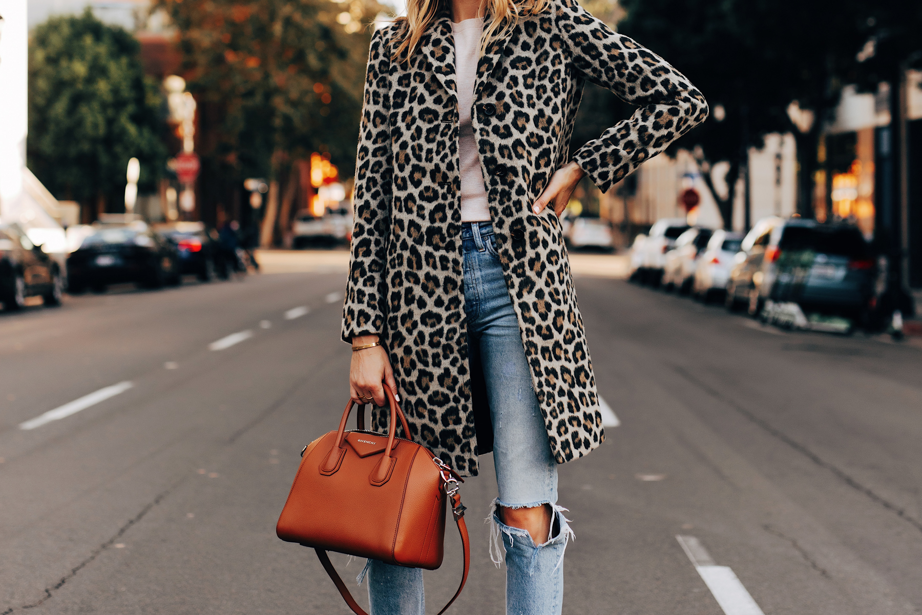 Fashion Jackson Wearing Ann Taylor Leopard Coat Ripped Jeans Givenchy Antigona Cognac Satchel 1