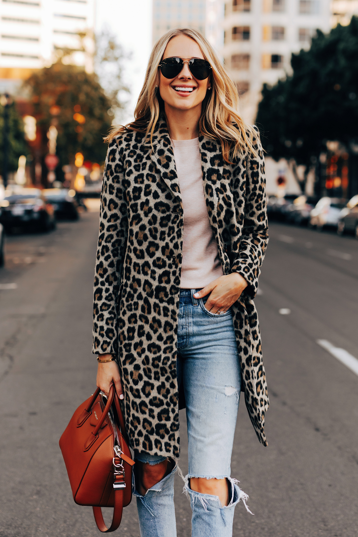 Fashion Jackson Wearing Ann Taylor Leopard Coat Ripped Jeans Givenchy Antigona Cognac Satchel