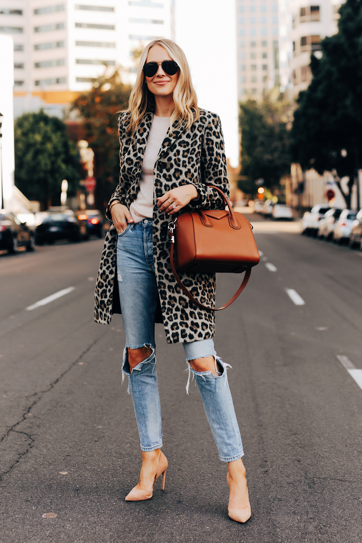 Fashion Jackson Wearing Ann Taylor Leopard Coat Ripped Jeans Nude Pumps Givenchy Antigona Cognac Satchel 2