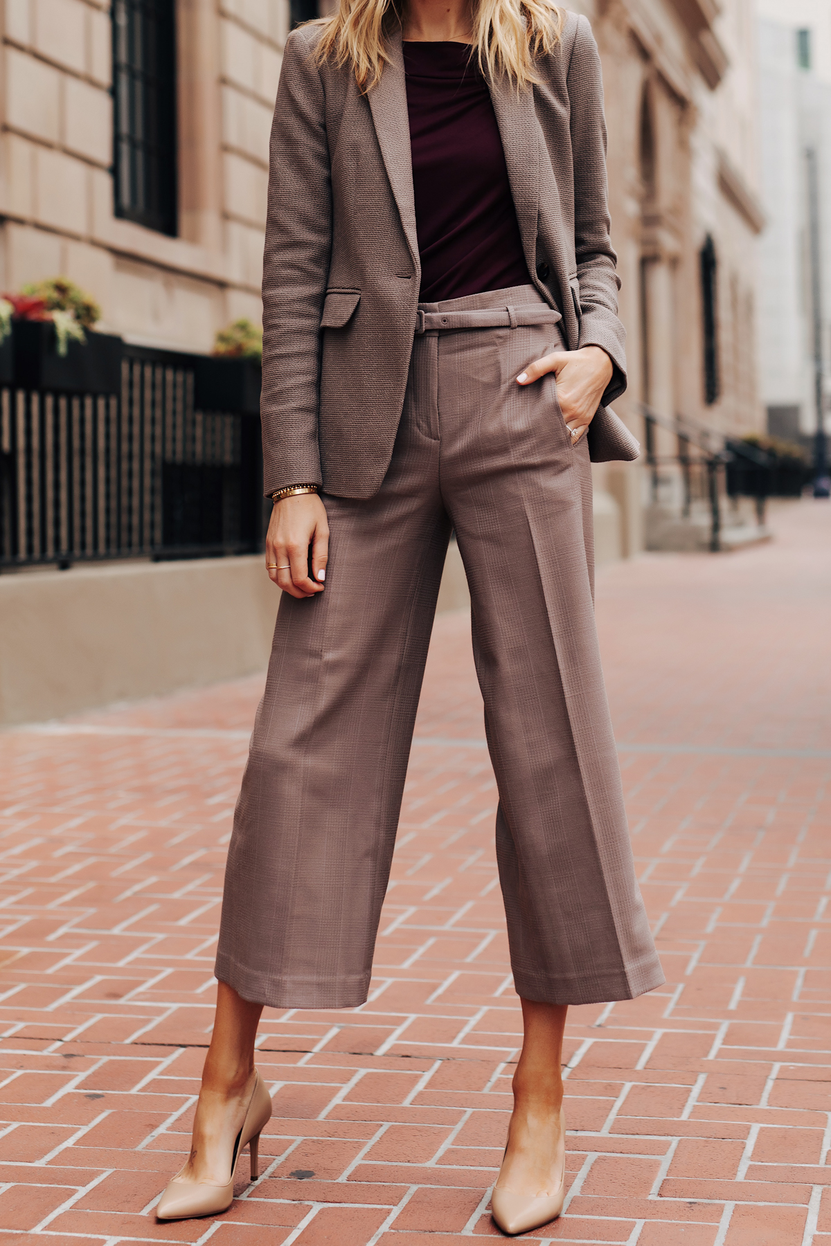Fashion Jackson Wearing Ann Taylor Taupe Blazer Purple Top Taupe Wide Leg Cropped Pants Nude Pumps Fall Workwear Outfit