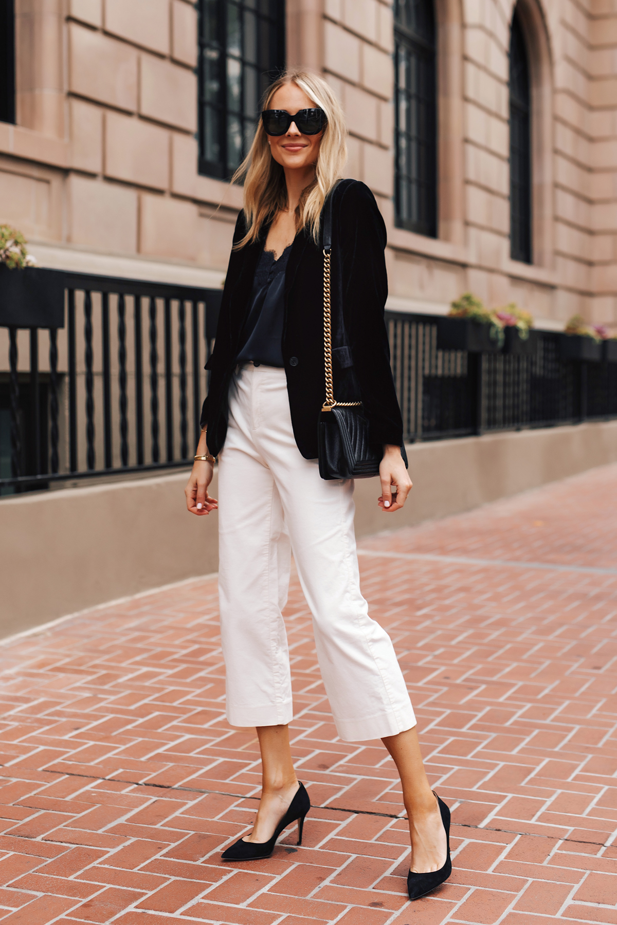 Fashion Jackson Wearing Banana Republic Black Velvet Blazer Black Lace Cami White Corduroy Cropped Pants Black Pumps Holiday Outfit