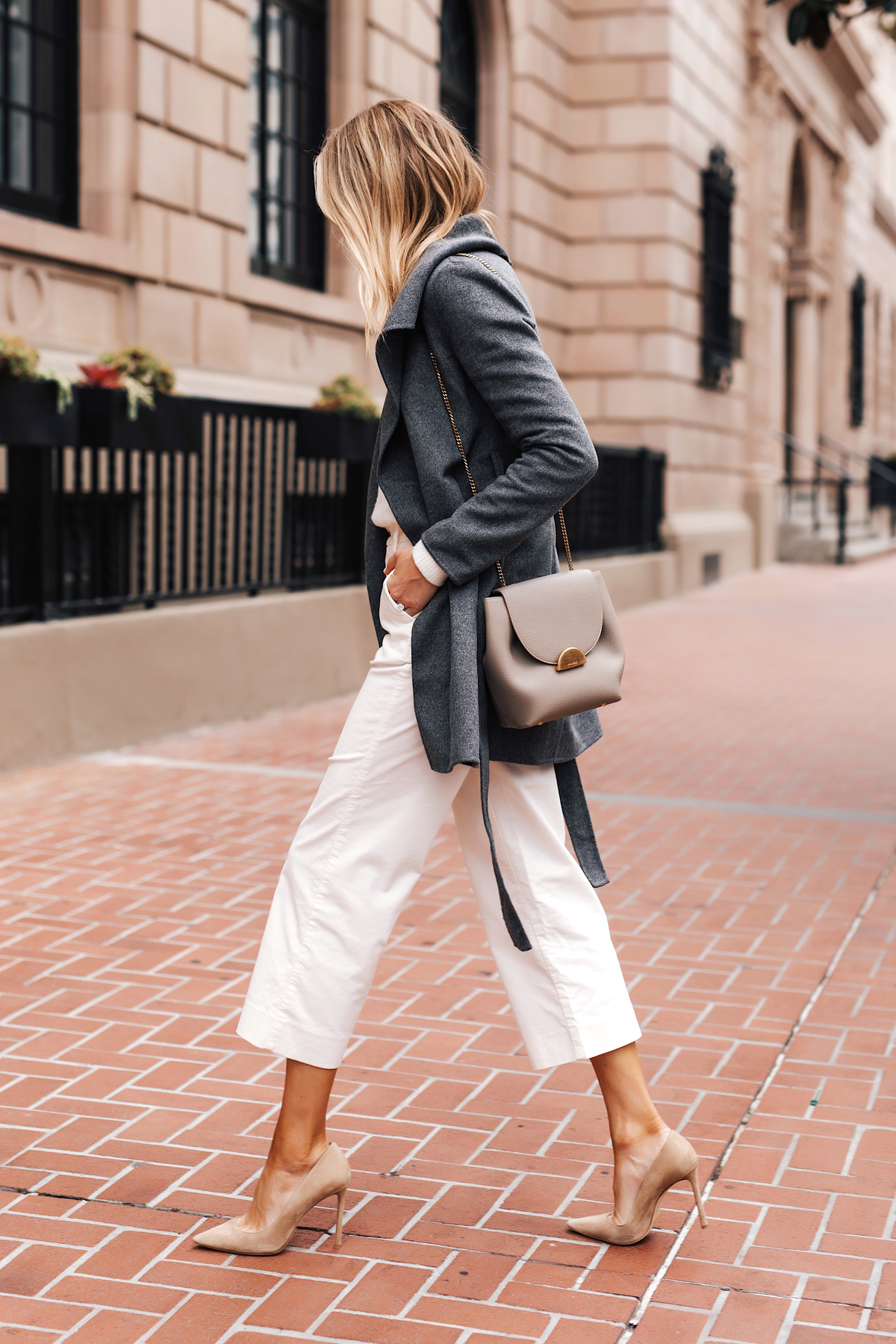 Fashion Jackson Wearing Banana Republic Grey Wrap Coat White Corduroy Cropped Pants Nude Pumps Winter Outfit