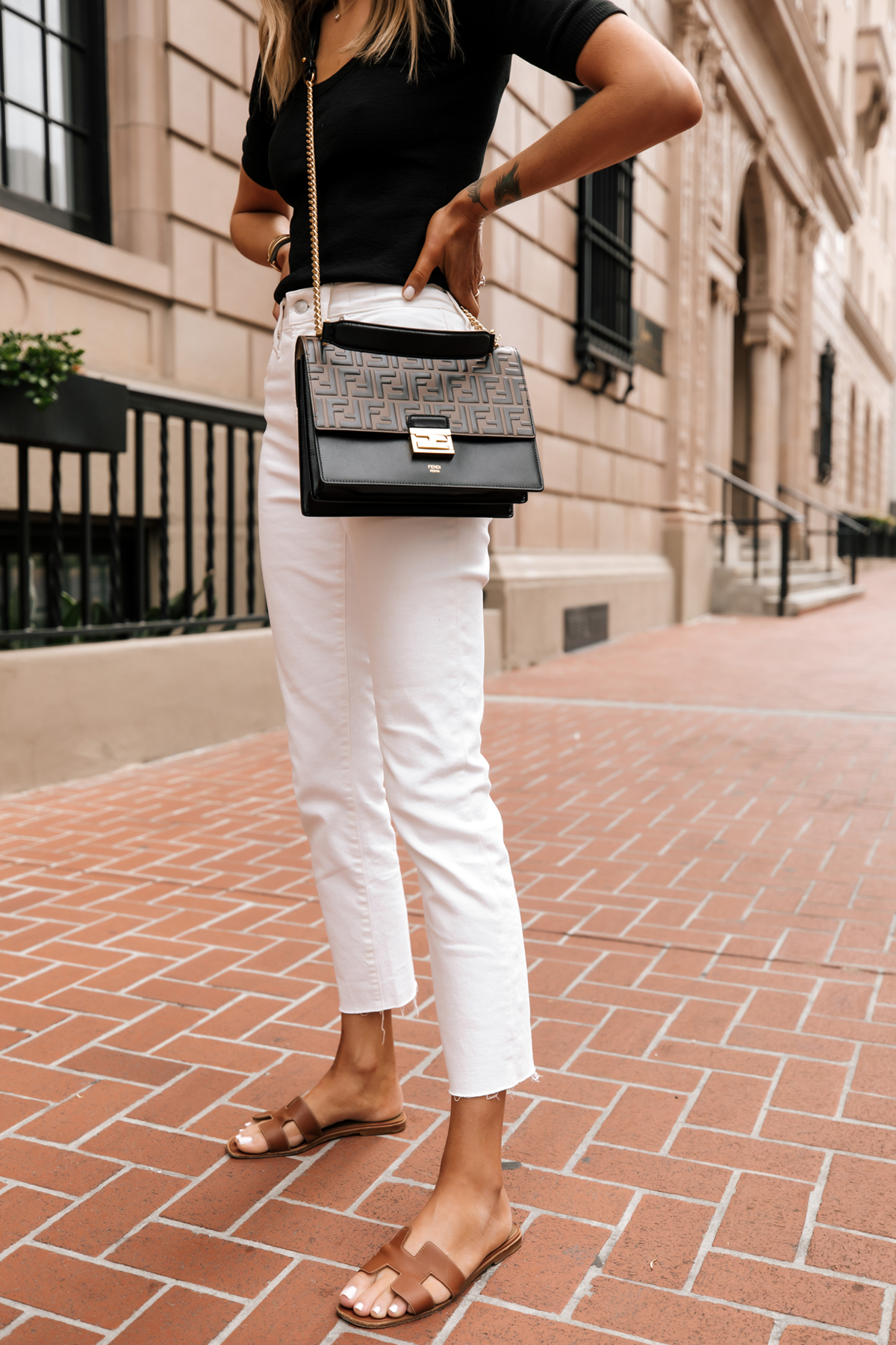 Fashion Jackson Wearing Black Scoop Neck Top White Jeans Fendi Ken U Medium Shoulder Bag Hermes Oran Tan Sandals White Jeans Outfit