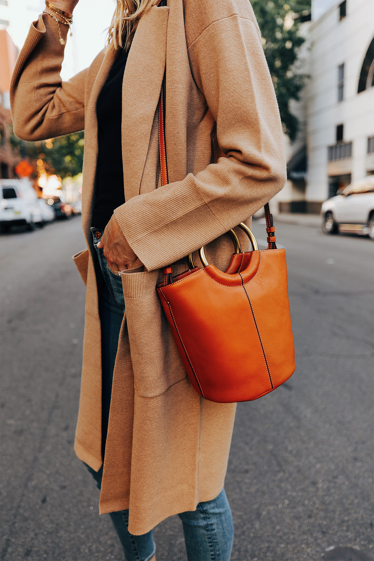 Fashion Jackson Wearing Jcrew Camel Long Sweater Coatigan Cognac Bucket Bag Fall Outfit