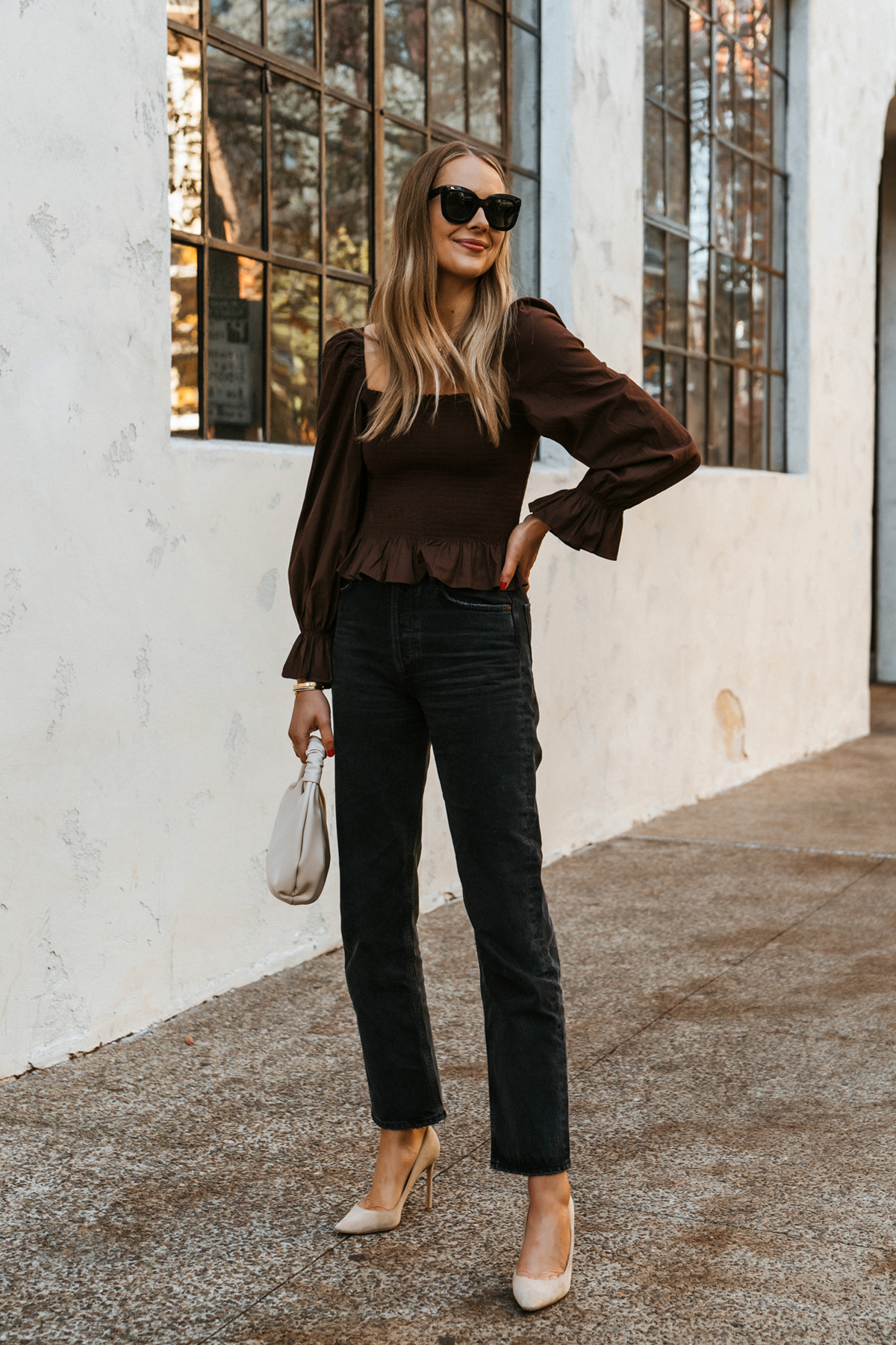 Fashion Jackson Wearing Reformation Brown Smocked Top AGODLE Black 90s Jeans Nude Pumps Street Style