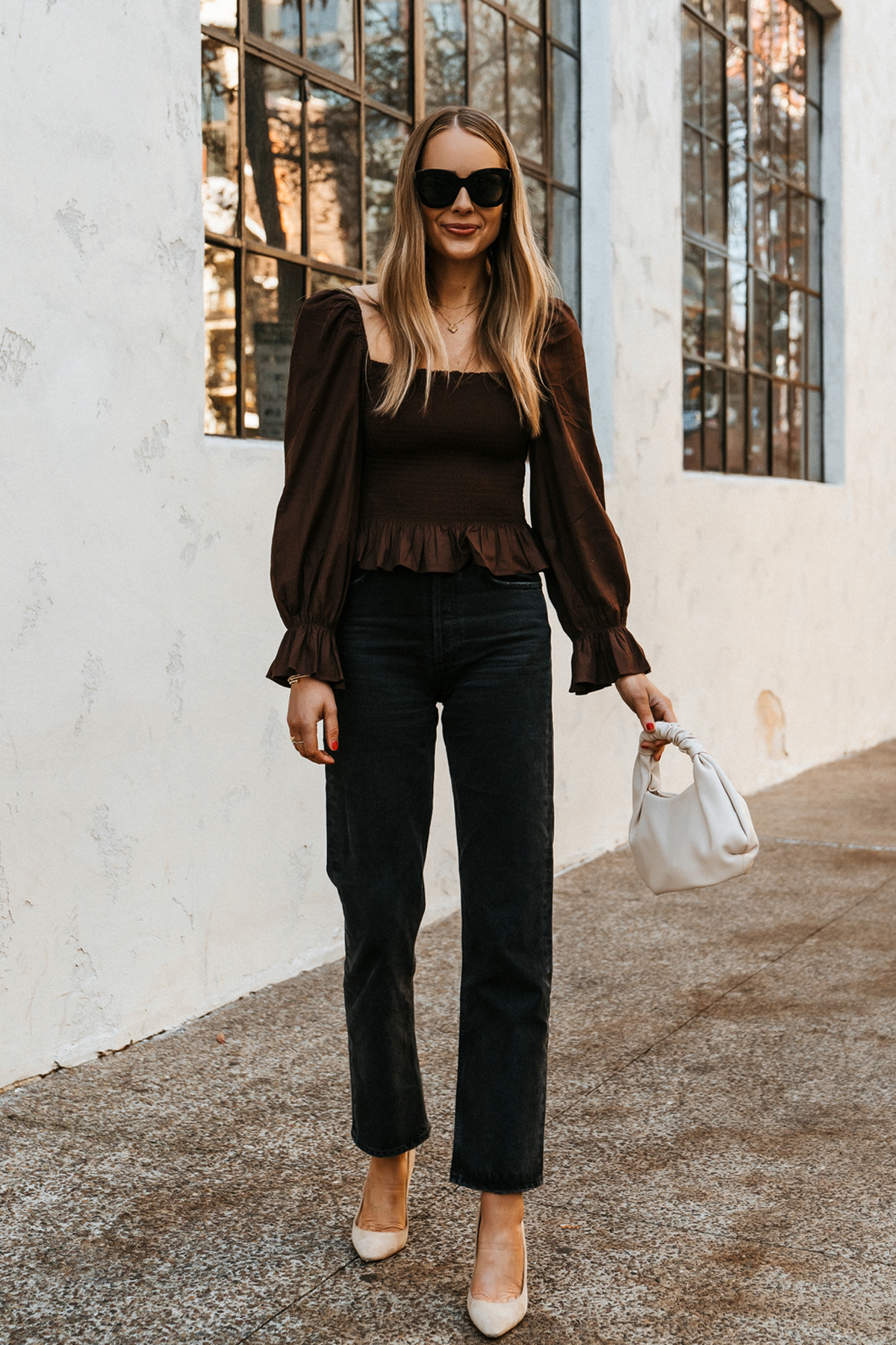 Fashion Jackson Wearing Reformation Brown Smocked Top AGODLE Black 90s Jeans Nude Pumps Street Style