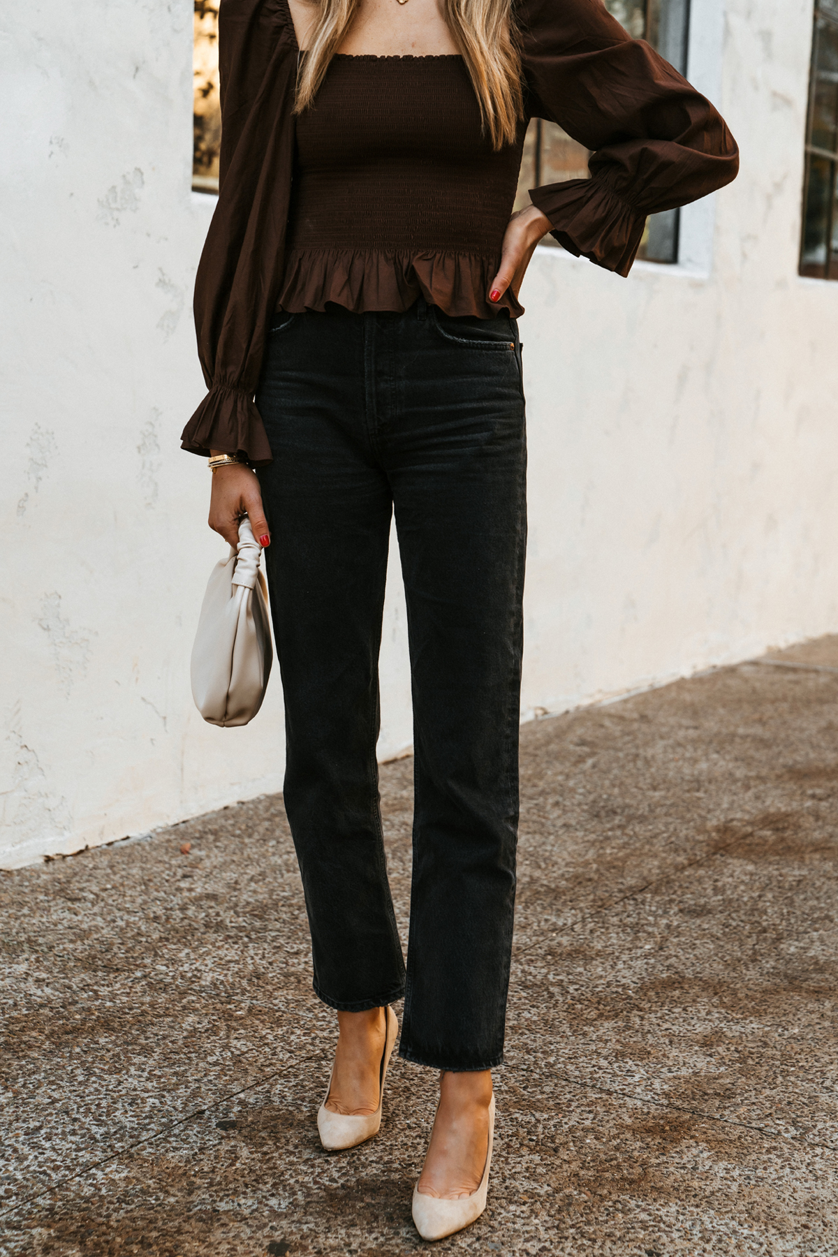 Striped Tee, Skinny Jeans, Brown Jacket, and Brown purse outfit wtih nude  pumps - Putting Me Together