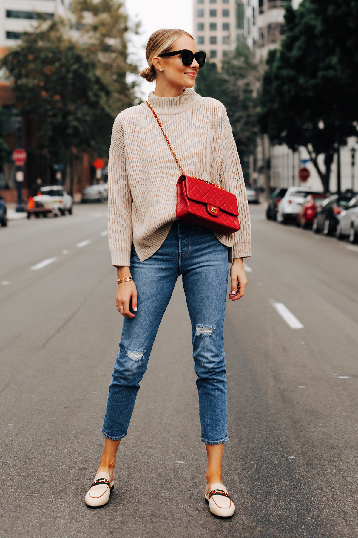 red and tan outfit