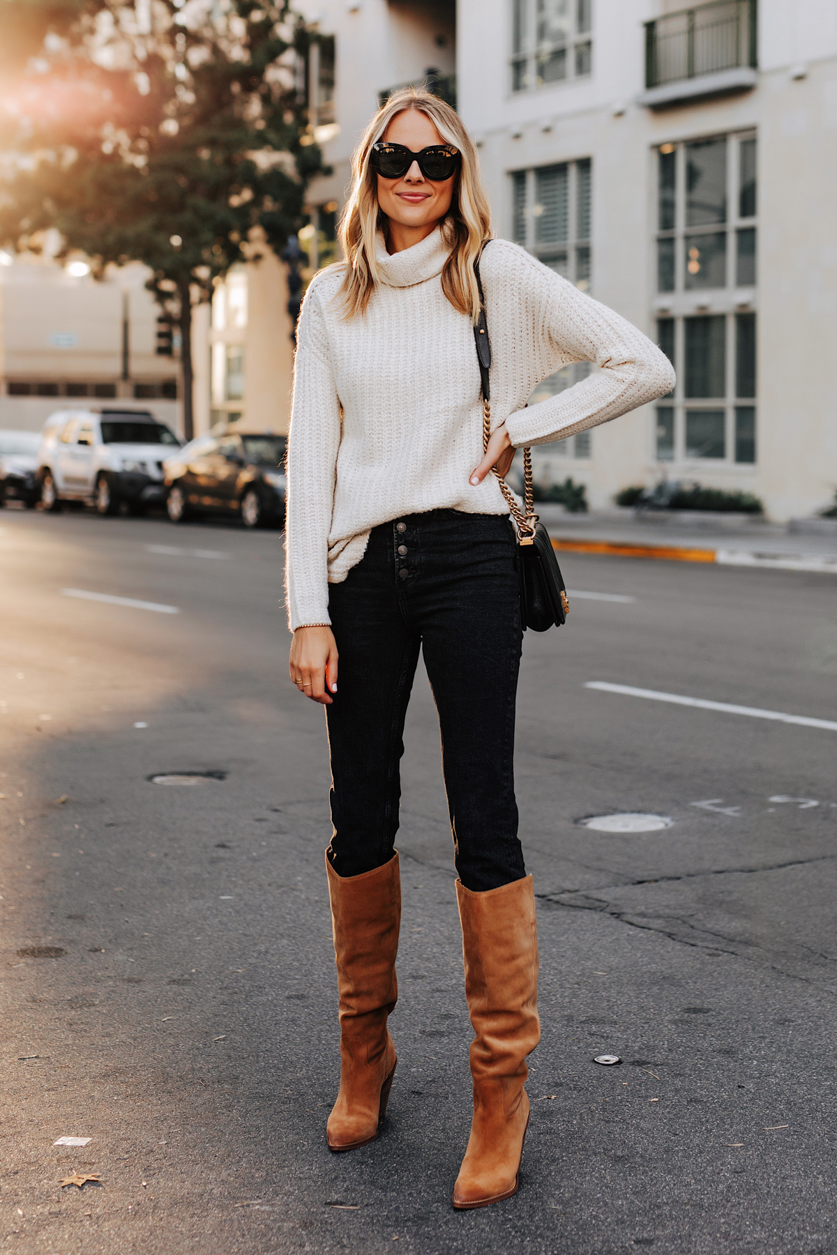 knee high tan boots outfit