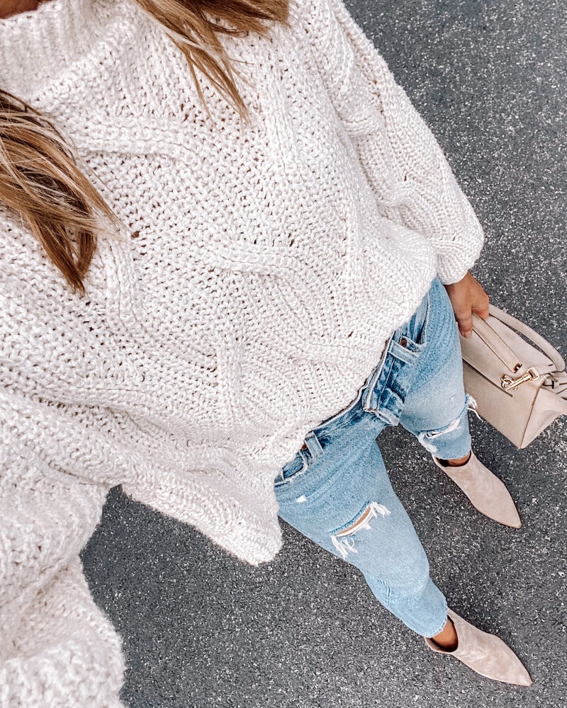 Fashion Jackson Wearing Beige Knit Sweater Ripped Jeans Taupe Suede Booties