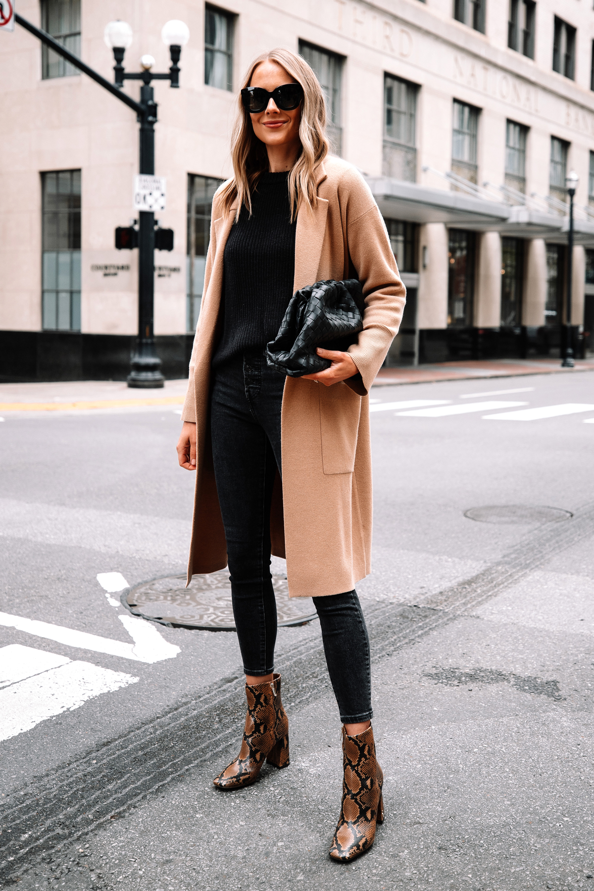 Fashion Jackson Wearing Camel Coatigan Black Sweater Black Skinny Jeans Bottega Veneta Black Clutch Sam Edelman Codie Snakeskin Booties Street Style Fall Outfit 2