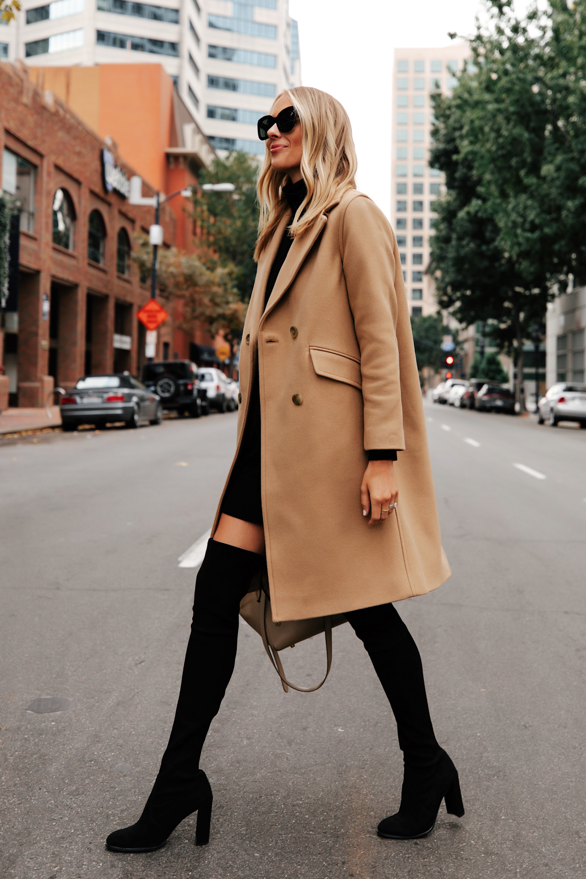 Fashion Jackson Wearing Everlane Camel Coat Stuart Weitzman Black Over the Knee Boots