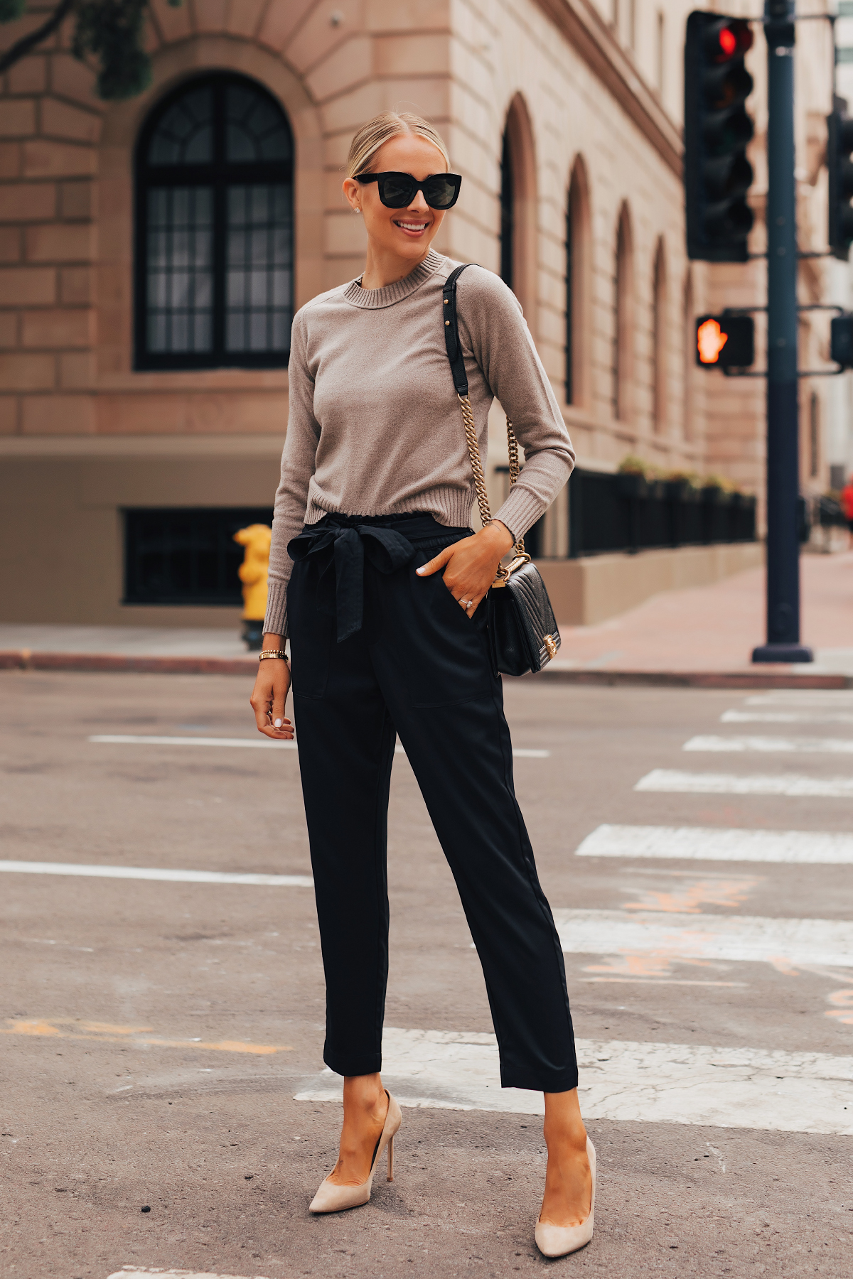 taupe shoes with black pants