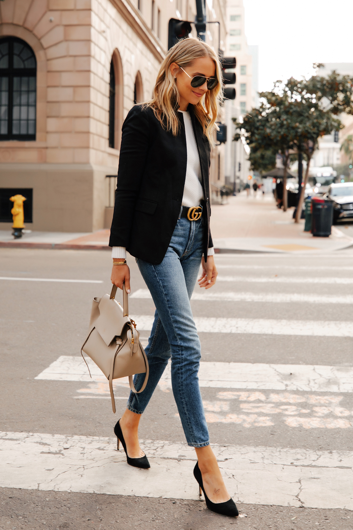 Fashion Jackson Wearing Jcrew Regent Black Blazer White Sweater Gucci Designer Belt Skinny Jeans Black Pumps Celine Belt Bag 1