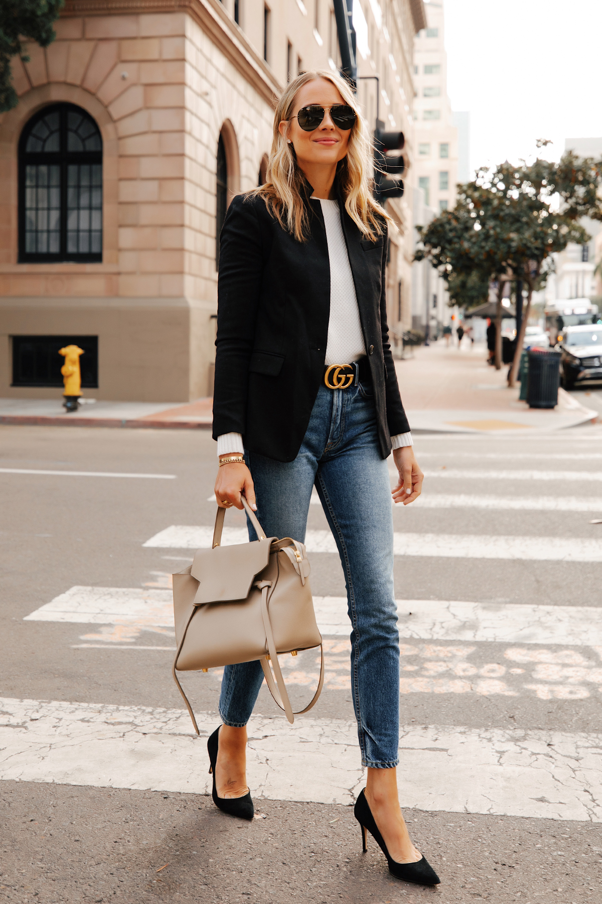 Fashion Jackson Wearing Jcrew Regent Black Blazer White Sweater Gucci Designer Belt Skinny Jeans Black Pumps Celine Belt Bag