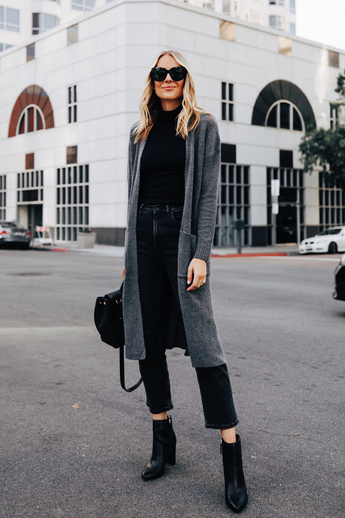 black jeans grey cardigan